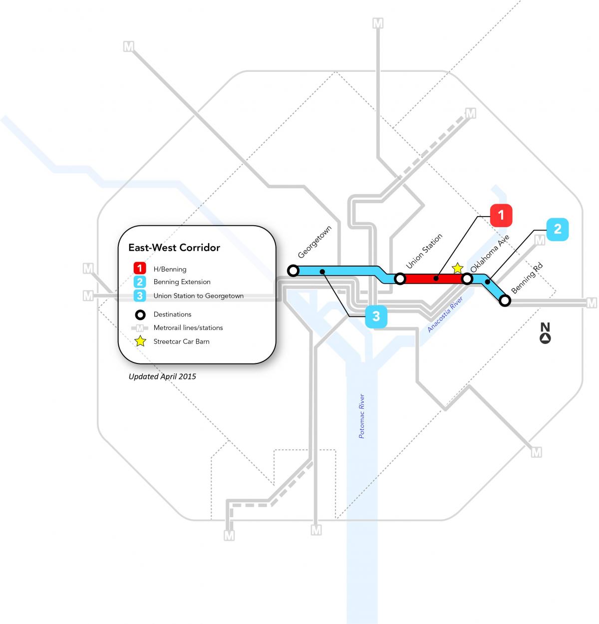 Kaart van de tramstations in Washington DC