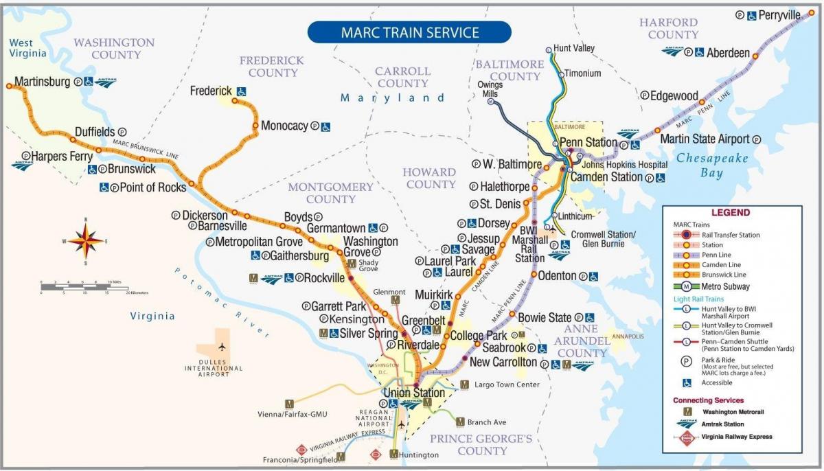 Kaart van de stations in Washington DC