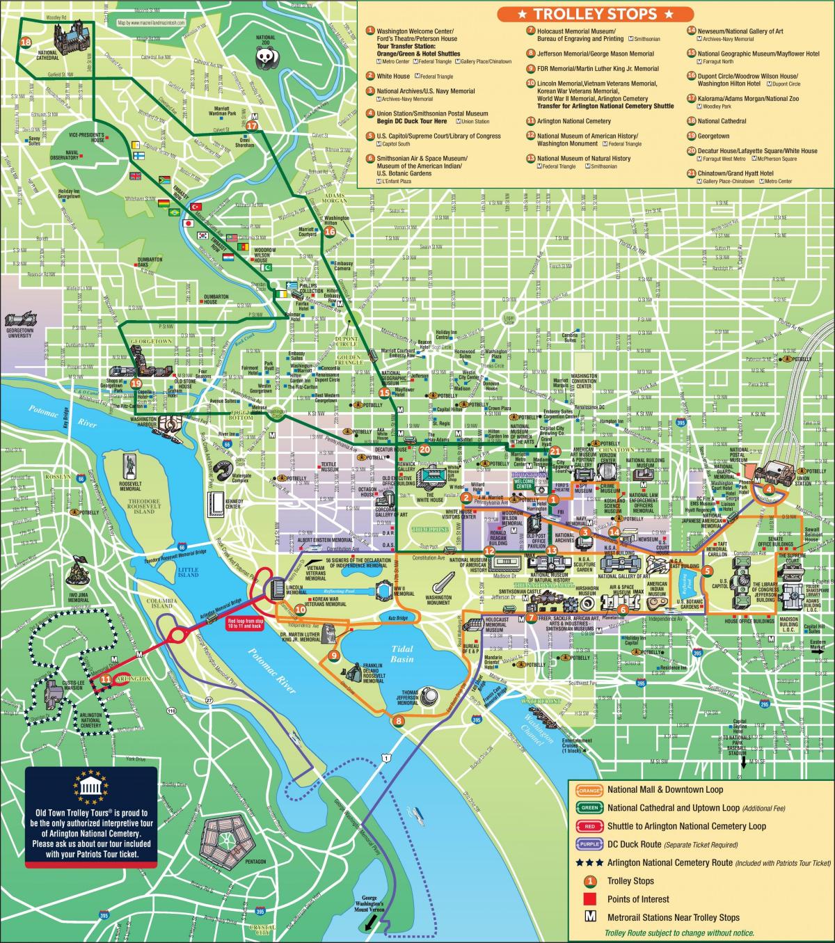 Kaart van de trolleystations in Washington DC