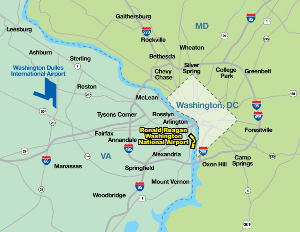 Kaart van de luchthavens in Washington DC